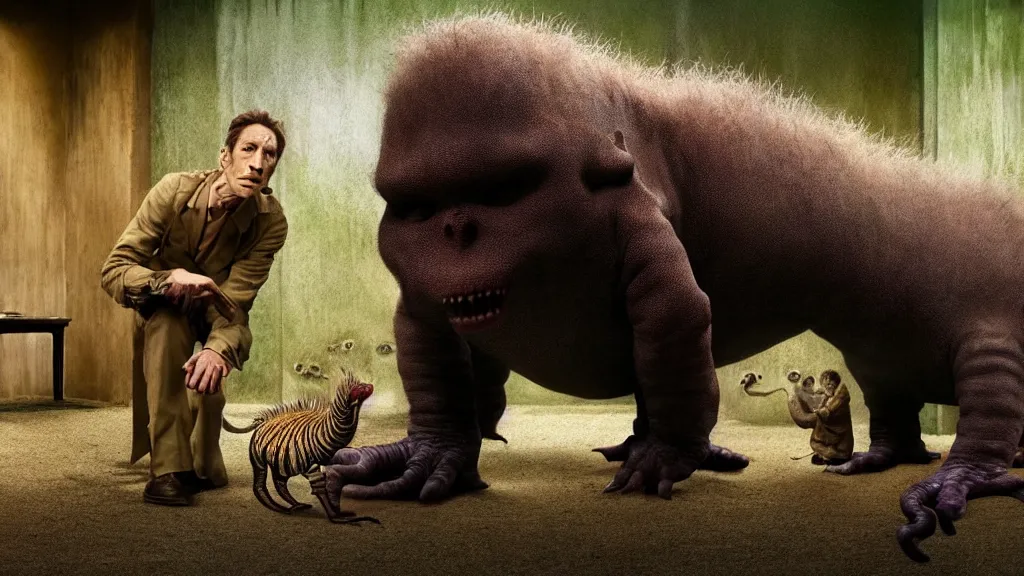 Image similar to a strange creature in a zoo, film still from the movie directed by denis villeneuve and david cronenberg with art direction by salvador dali and dr. seuss