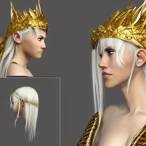 Prompt: side portrait of a young female elven warrior, fantasy, white hair, gold armour, golden crown, white skin, trending on artstation, gsociety, D&D, elegant, highly detailed, realistic eyes, detailed illustration, smooth, sharp focus, upper body, intricate, rule of thirds, holy glow, backlit, dark background hd 4k by Greg Rutkowski, Alphonse Mucha, Ayami Kojima, Charlie Bowater, Artgerm, Loish, Kentaro Miura, Karol Bak, Greg Hildebrandt, Norman Rockwell