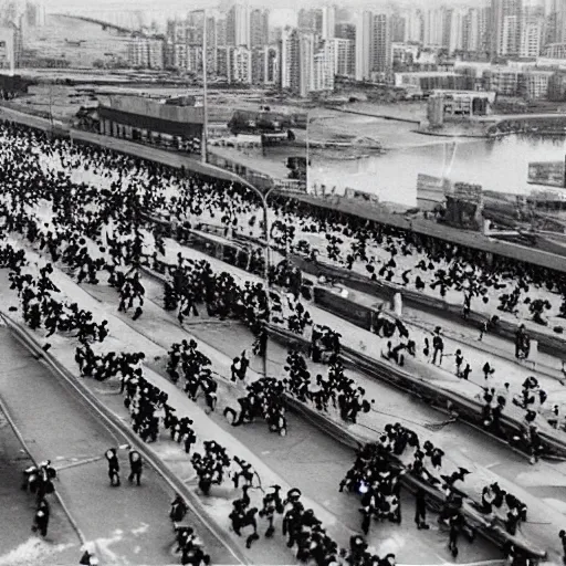 Image similar to Aerial View of millions of China people rushing towards Taiwan for food and safety, photorealistic, ultra-detailed