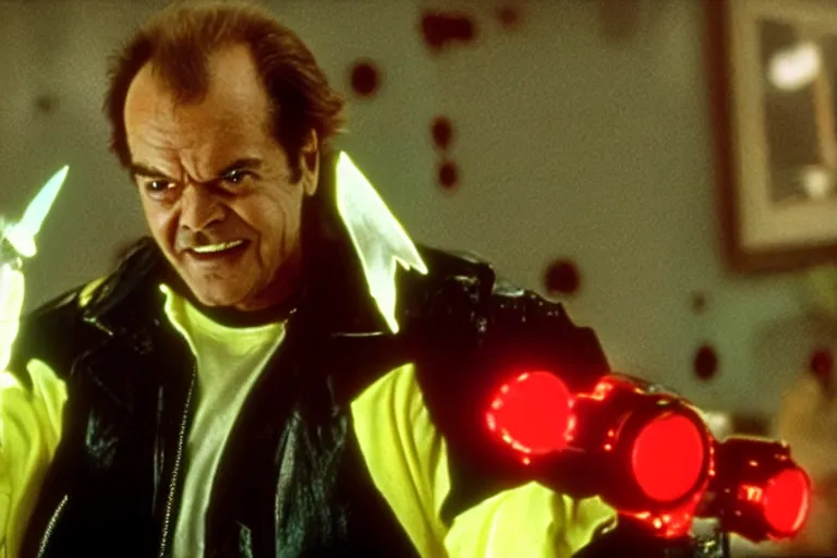 Image similar to Jack Nicholson plays Pikachu Terminator, scene where his inner exoskeleton is visible and his eye glows red, still from the film