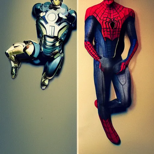 Image similar to a single iron man and spider - man hybrid, dslr, polaroid