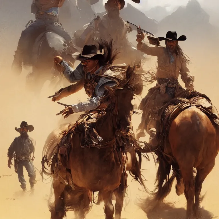 Prompt: a cowboy showdown at high noon, masterpiece 4 k digital illustration by ruan jia and mandy jurgens and artgerm, highly detailed, trending on artstation, award winning