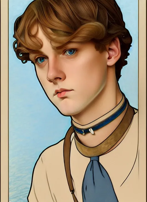 Image similar to art nouveau portrait of a pretty young man with short light brown straw blond hair, light blue eyes, sad expression, scared, head down, shy and demure, wearing a choker collar, natural lighting, path traced, highly detailed, high quality, cartoon, digital painting, by don bluth and ross tran and studio ghibli and alphonse mucha