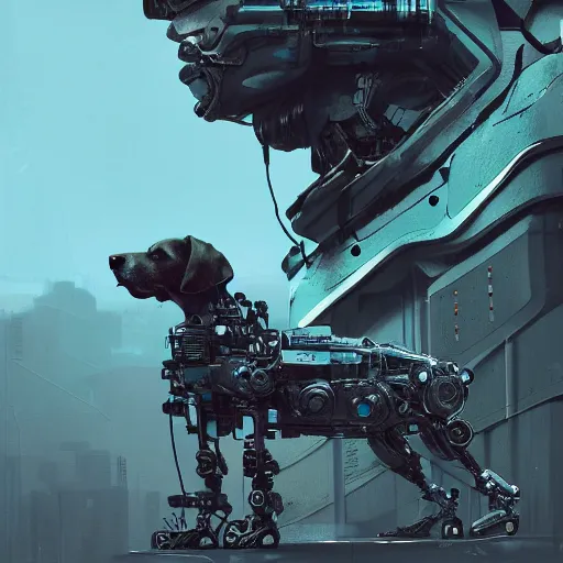 Image similar to a robot dog, metallic, cyberpunk style ， hyperrealistic, by beeple, greg rutkowski, caspar david friedrich, smooth, illustration, elegant, artstation, digital painting.