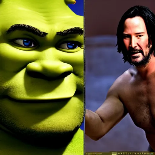 Image similar to keanu reeves fighting muscular shrek, highly detailed, high quality, hd, 4 k, 8 k, canon 3 0 0 mm, professional photographer, 4 0 mp, lifelike, top - rated, award winning, realistic, sharp, no blur, edited, corrected, trending