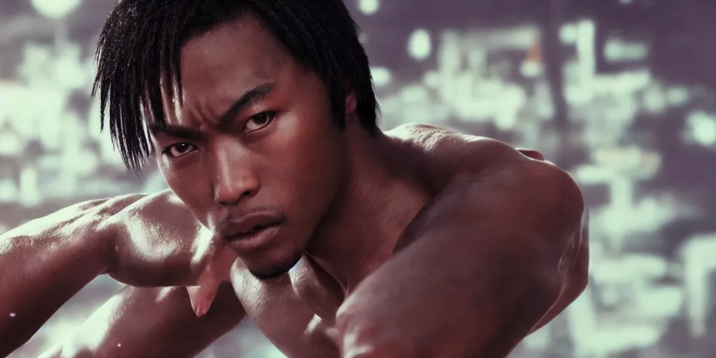 Image similar to a film still of a black man starring in a japanese blockbuster film as jin kazama from tekken, shallow depth of field, cinematic, award winning cgi, vfx, film still