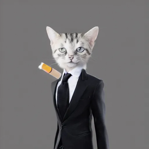 Image similar to a high quality photo of a cat wearing a suit and smoking, render, ultra realistic, cgsociety