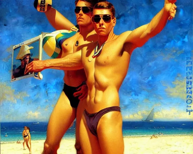 Image similar to top gun beach volleyball scene, cool colors, painting by gaston bussiere, craig mullins, j. c. leyendecker, tom of finland