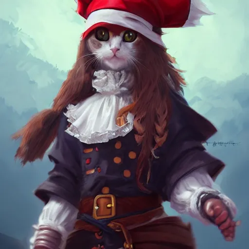 Image similar to Portrait of a Kawaii Cat dressed as a Pirate, digital painting, highly detailed, artstation, concept art, smooth, sharp focus, illustration, art by artgerm and greg rutkowski.