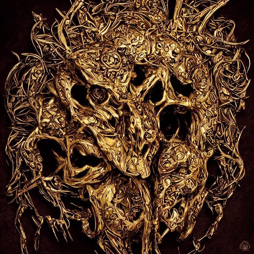 Image similar to photo portrait portrait of skull of wolf, lying on bones, dramatic lighting, golden ornaments, symmetric, intricate skeletal decorations, symmetry, highly detailed, concept art, black, red, white, gold layers, super moon, style of nekroxiii, hyperrealistic, dark background, smoke