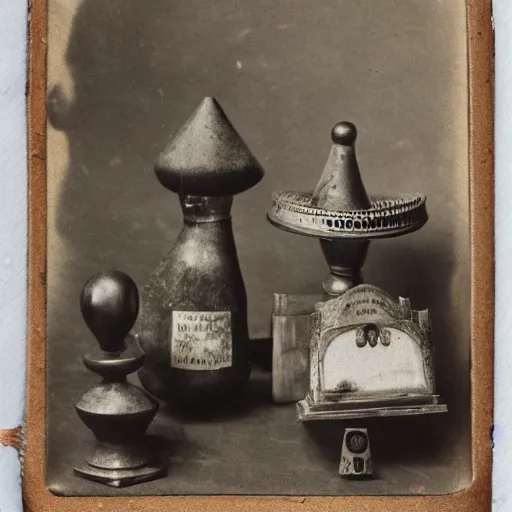 Image similar to Tintype photograph of objects displayed in an ethnographic museum, primitive display, anthropology of wonder, in the style of Marcel Duchamp, found objects, ready-made, 1920s studio lighting.