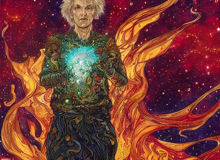 Image similar to high intricate colored ink drawing of the sandman holding a glimmering fire - galaxy, full shot, neil gaiman, maria panfilova, andrea savchenko, mike kime, ludovic plouffe, qi sheng luo, oliver cook, julian calle, eddie mendoza, trending on artstation