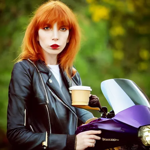 Image similar to a photo by arbus of a slender beautiful woman with straight ginger hair and bangs, wearing purple leathers and gold helmet, posing with large ginger tabby and raccoon on a motorcycle in her front yard, holding coffee mug and toasted brioche bun, fashion photography, dramatic lighting, 8 5 mm lens