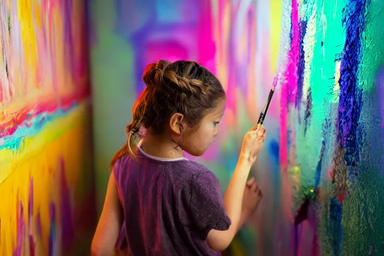 Prompt: a little girl with braided hair learns to paint, on an empty wall in her art room, paintbrush and palettes, dark room with candles and lava lamps, photorealism, trending on artstation, matte colors, volumetric lighting