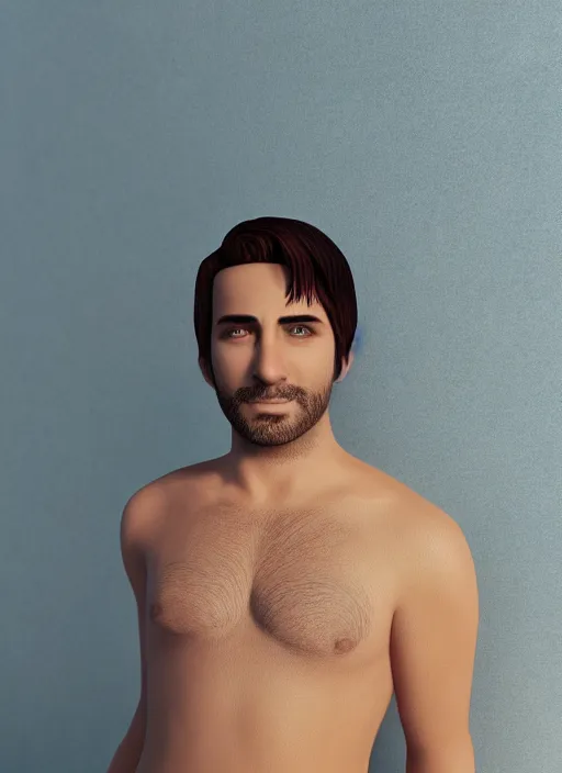 Image similar to 3 2 - year - old man, short stubble, wearing short sleeve v neck shirt and speedo, bara, character design, octane render, 8 k, portrait