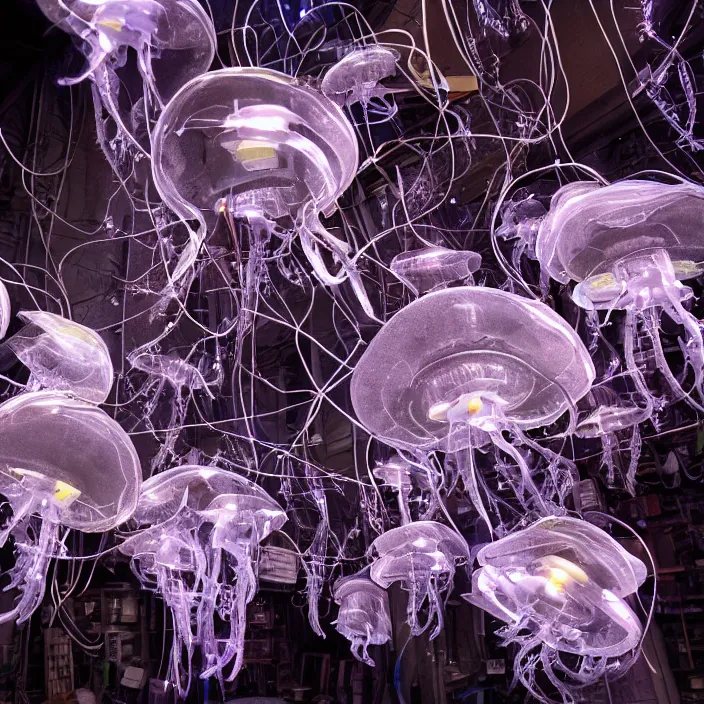 Image similar to a bunch of translucent cyborg man's heads which looks like jellyfish mixed with wires, neon lights, led diodes and radio parts scattered on the floor of the dark corner of the warehouse, high resolution, sci - fi, cyperpunk, bio - mechanical bio - luminescence, 8 k