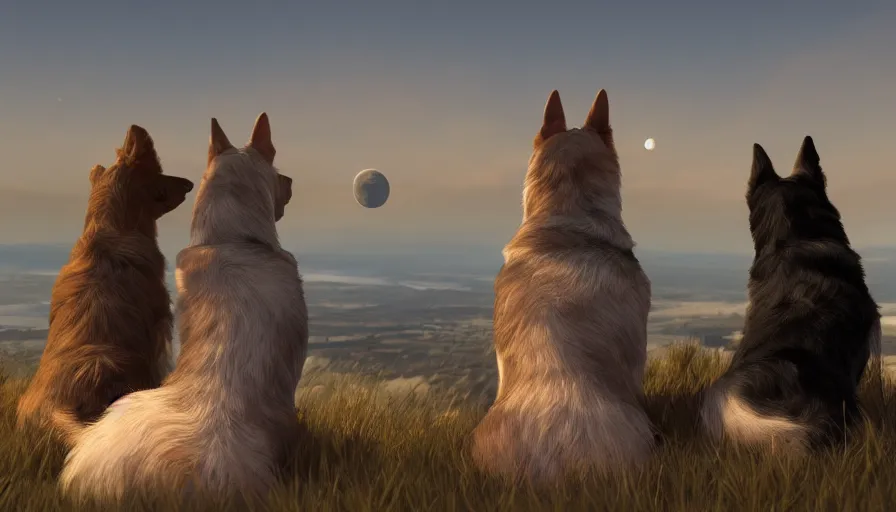 Image similar to back view of dogs watching the moon sitting on the hill, hyperdetailed, artstation, cgsociety, 8 k