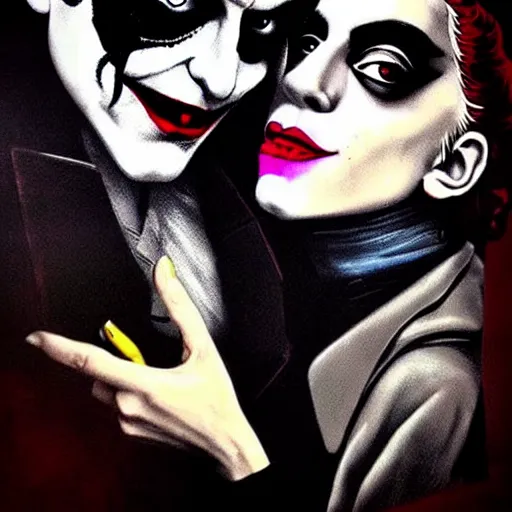 Prompt: artgerm and mimmo rottela and banksy as joaquin phoenix skinny joker holding hand lady gaga harley queen, ultra photorealistic, intricate details, pop art style, baroque, hyperdetailed, concept art, ultrarealistic, 3 colors, smooth, sharp focus