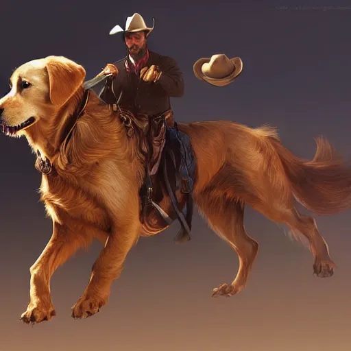 Prompt: Golden Retriever dressed as a cowboy, highly detailed, digital painting, artstation, concept art, smooth, sharp focus, illustration, art by artgerm and greg rutkowski and alphonse mucha
