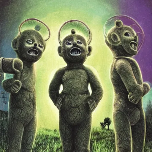 Image similar to detailed realistic science fiction illustration of teletubbies, in the style of h r giger and wayne barlowe