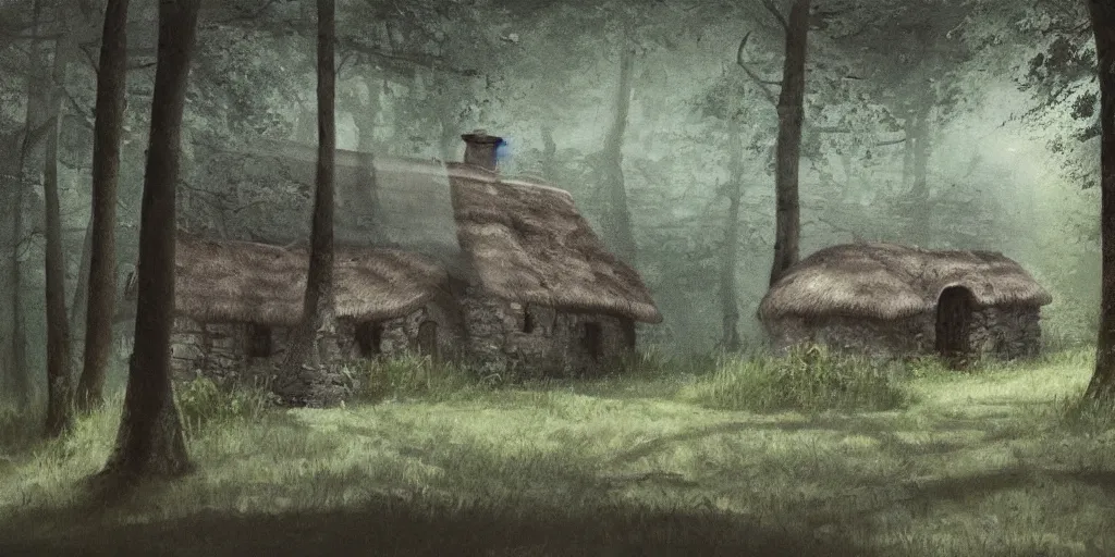 Prompt: a painting of a close up of a single cottage with a thached roof in the woods and empty woods, 8k, fantasy, hyper realistic, dramatic lighting, cinematic