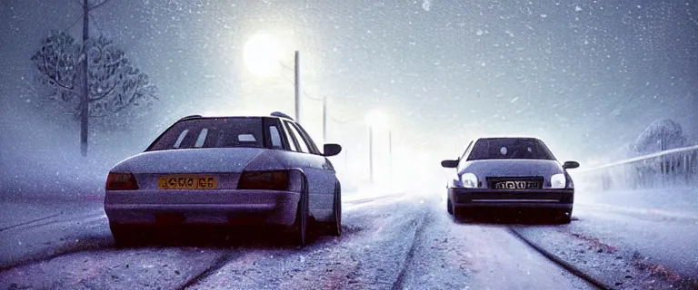 Image similar to Audi A4 B6 Avant (2002), a gritty neo-noir, dramatic bright lighting, cinematic, establishing shot, extremely high detail, photorealistic, cinematic lighting, artstation, by simon stalenhag, Snowy italian road, Snowy Apennines, At night, Poets of the Fall - Late Goodbye