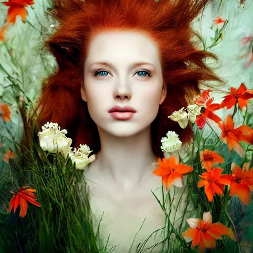 Image similar to !dream Fine art photo of the most beautiful woman, she is redhead, she is posing while maintain a sweet eye contact to the camera, she has a crown of flowers, she has perfect white teeths, the photo was taking by Annie Leibovitz, matte painting, oil painting, naturalism