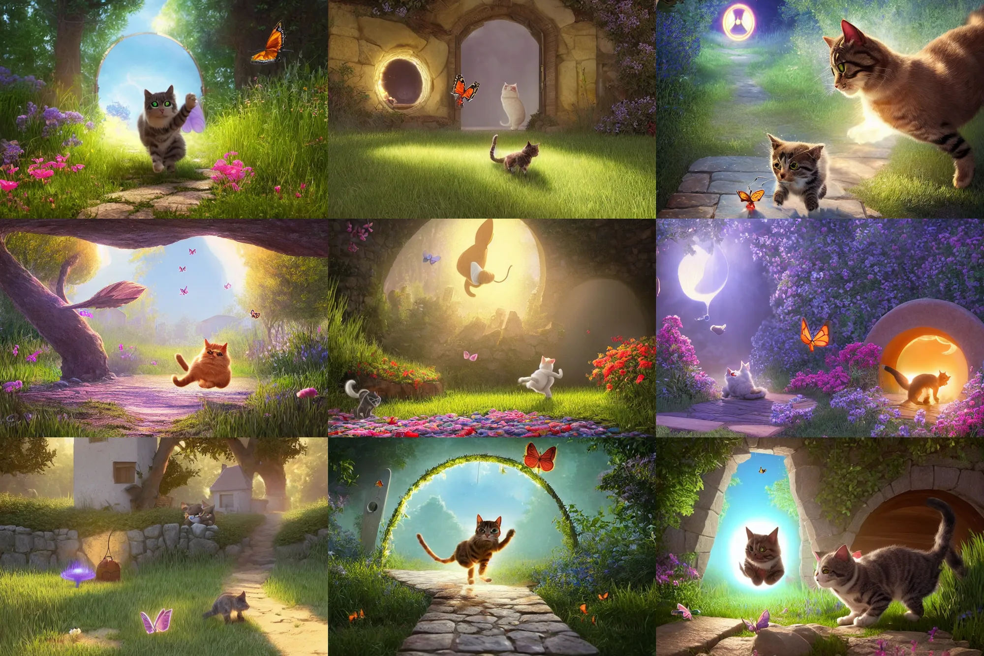 Prompt: a wholesome cottagecore illustration of a cat chasing a butterfly through a portal to the 4th dimension, Pixar and Disney animation, sharp, Rendered in Redshift and Unreal Engine 5 by Greg Rutkowski, Bloom, dramatic lighting