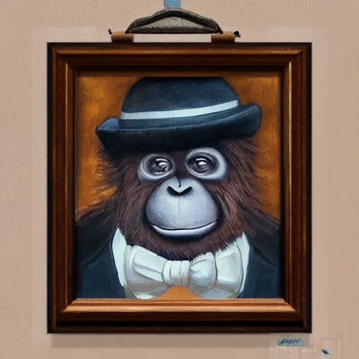 Image similar to framed portrait painting of an anthropomorphized orangutan, wearing a monocle and a small bowler hat, oversized mustache. dark outlining style. highly detailed. style of chuck u