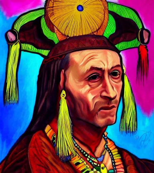 Image similar to Portrait painting in a style of Da Vinci of an old shaman dressed in a colorful traditional clothes.