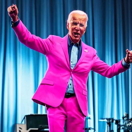 Image similar to photo of joe biden wearing a pink outfit singing into a microphone on a stage at a live concert, exciting, 8 k, very detailed,