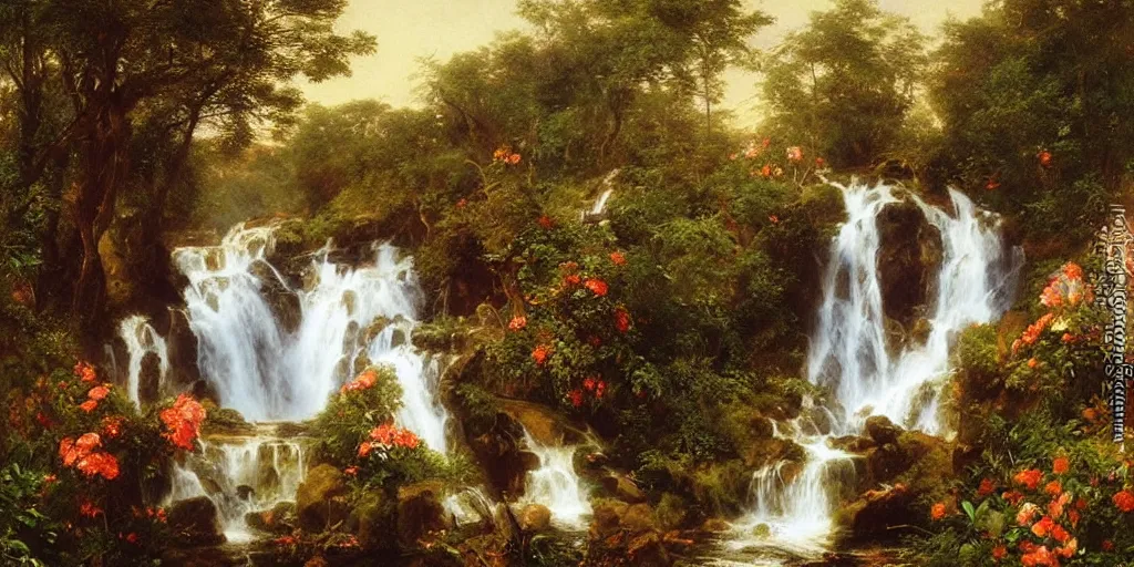 Image similar to scene of dreamlike cascading waterfalls, lilies, naturalistic art, by frederic edwin church,