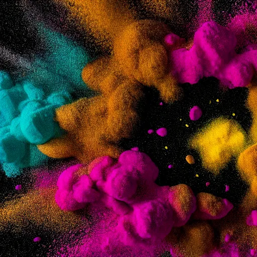 Image similar to color powder explosion on black background, particles, fine detail, hyperrealism, james jean and jackson pollock and damien hirst, golden ratio, fractal, sharp focus, octane render, artstation, vfx