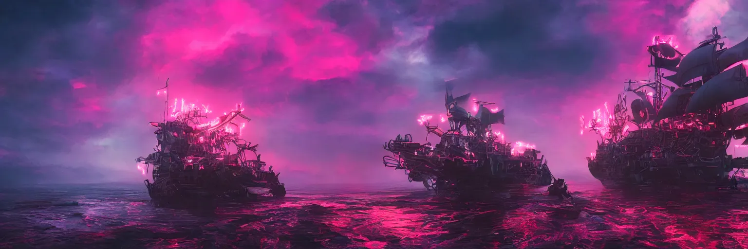 Image similar to hyperdetailed illustration, portrait big dark dog, pirate neon ship, mohawk, stars, pink, neon, oil painting, rich deep colors masterpiece, ultra detailed, contrast, heaven pink, clouds, volumetric light, atmospheric lighting, dramatic, cinematic, moody, octane render 4 k, 8 k