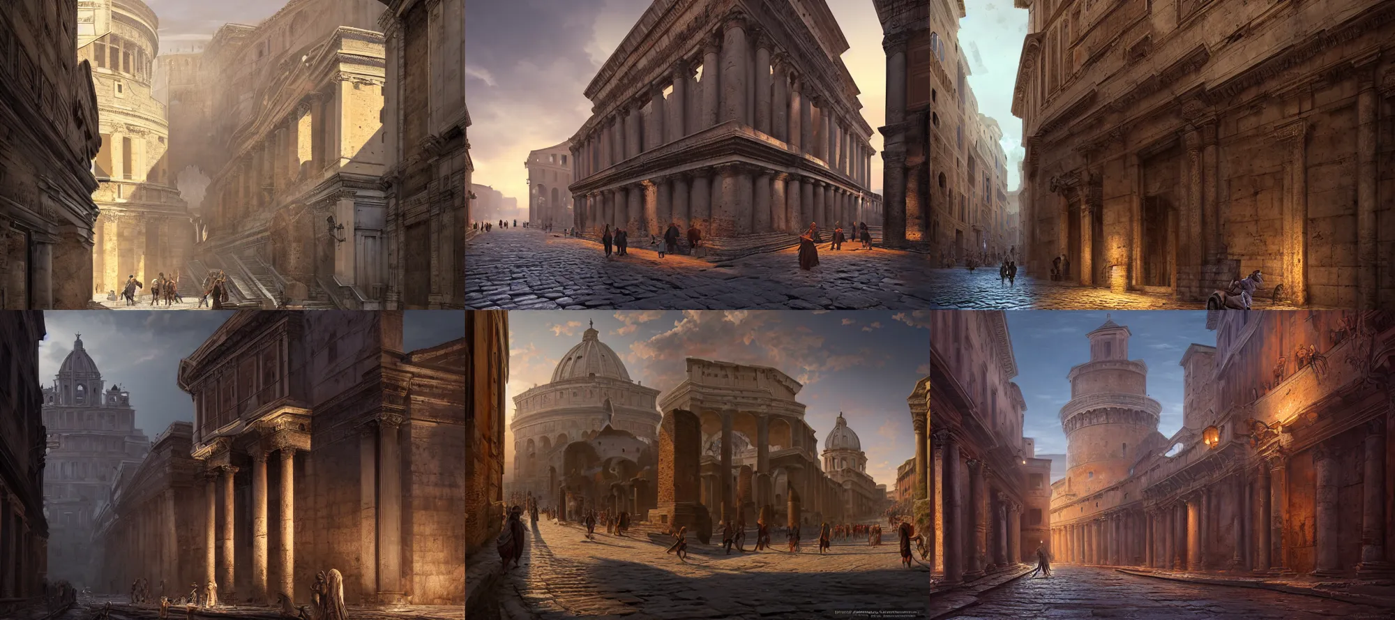 Prompt: ancient streets of rome, ancient rome architecture, cinematic lighting, concept art, smooth, sharp focus, highly detailed, render in unreal engine 5, artstation, deviantart, behance, trending, feng zhu, shaddy safadi, noah bradley, tyler edlin, jordan grimmer, darek zabrocki, neil blevins, tuomas korpi