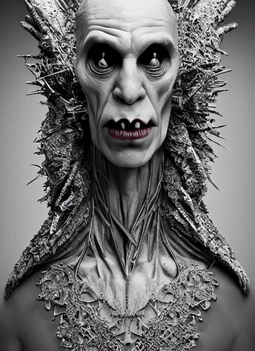 Image similar to a portrait of nosferatu by erwin olaf and nekro borja, photorealistic, intricate details, hyper realistic, dark fantasy, rococo onyx headpiece, crystals, photorealistic, canon r 3, photography, symmetrical features, symmetrical pose, wide angle shot, head to toe, standing pose, feet on the ground