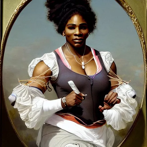 Image similar to Portrait of Serena Williams as Nike Goddess playing tennis, wings, luxuriant, dreamy, eternity, romantic, strong pose, highly detailed, in the style of Franz Xaver Winterhalter, highly detailed, in the style of Aetherpunk