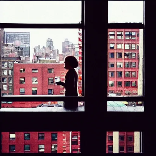 Image similar to “ a girl holding a cup of coffee looking out a window overlooking the east village in new york city, morning light, by hayao miyazaki ”