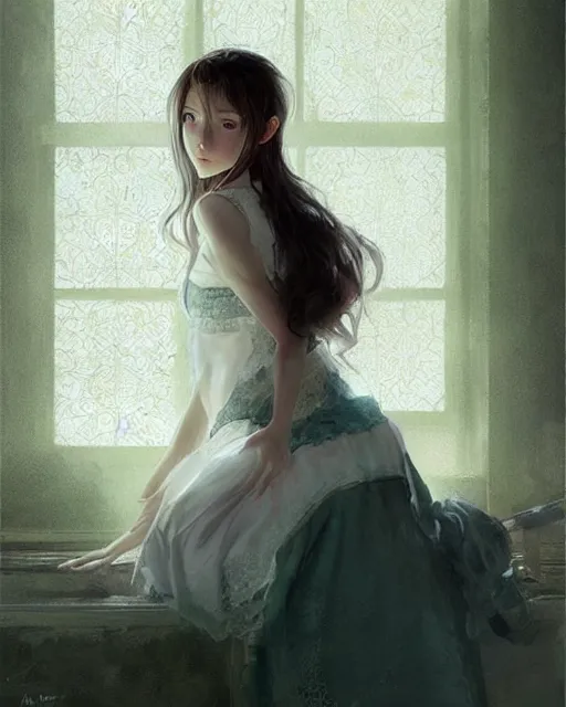 Image similar to aerith gainsborough in lace skirt, portrait, illustration, rim light, top light, perfectly shaded, soft painting, art by krenz cushart and wenjun lin