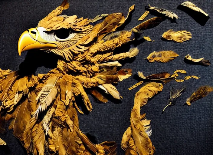 Image similar to pieces of a ripped flag!!!, chicken feathers and saw dust molten and restructured into a beautiful!!!, abstract!!!!!!! sculpture of an eagle, museum display, black backdrop, high contrast, award winning photo, dslr, high quality