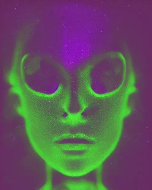 Prompt: featureless serene robotic woman's face, violet and yellow and green lighting, polaroid photo, 1 9 8 0 s cgi, atmospheric, whimsical and psychedelic, grainy, expired film, super glitched, corrupted file, ghostly, bioluminescent glow, sci - fi