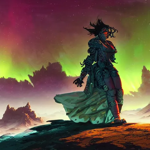 Image similar to an epic grim hyperdetailed 3 d matte painting of a female cyberpunk cyborg sorceress on a distant sci - fi planet under dramatic aurora borealis by peter mohrbacher by dan mumford by jakub rozalski by yoji shinkawa