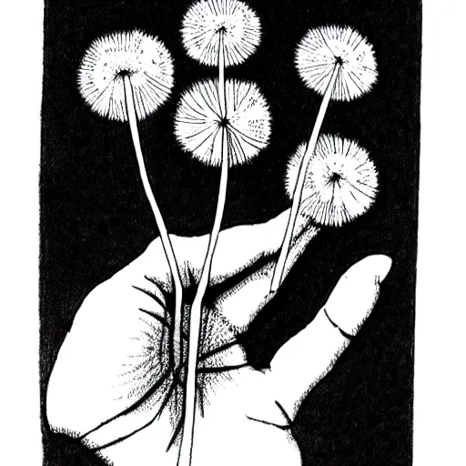 Image similar to a hand with dandelions growing out of it, pen and ink style