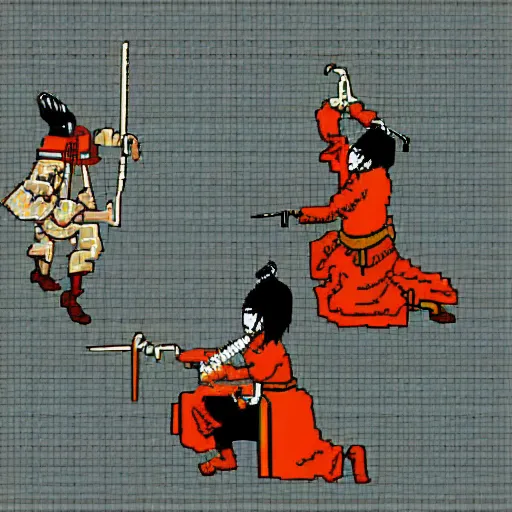 Image similar to Beautiful samurai pixel art by UltraIndigoNFT and Junji Ito , post-processing , perfectly shaded cel animation, kendo stance