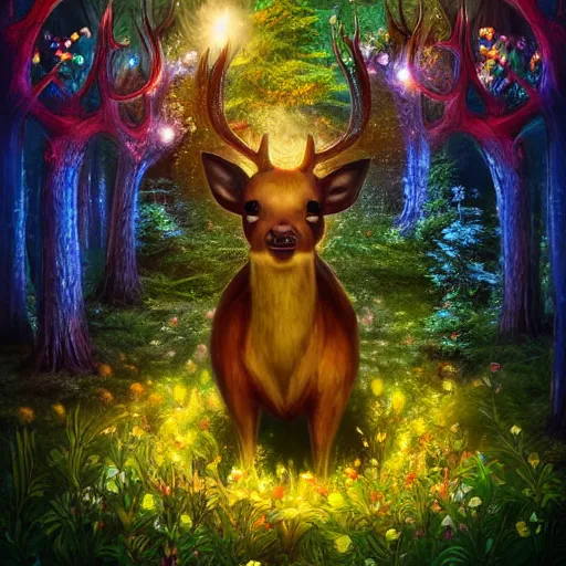 Prompt: a glowing luminous deer surrounded by luminous flowers and mushrooms, in an enchanted forest, trending on artstation, HDR, Instagram photo, fantasy art