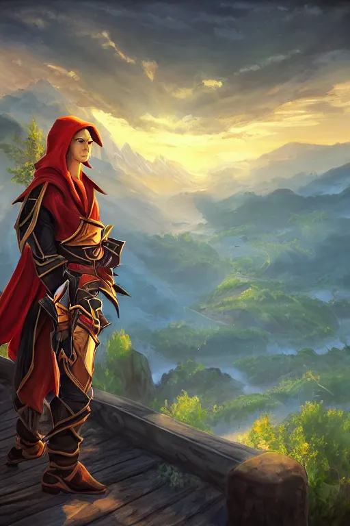 Prompt: windrunner from DOTA2 relaxing on a bridge, portrait painting, beautiful lighting at golden-hour, fantasy,