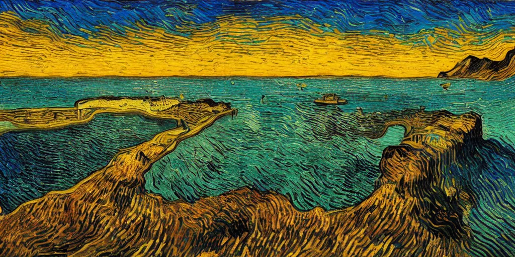 Image similar to a beach between two valley, by Salvador Dali and Van Gogh collaboration, sun set, digital art, high details, drone wide shot