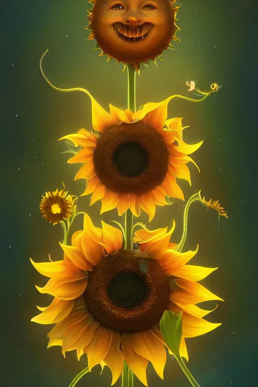 Image similar to a surreal Bioluminescent, very very very cute sunflower in a happy world by Daniel Merriam, Trending on Artstation, oil on Canvas by Elena Zhurikhina and Goro Fujita and Charlie Bowater, octane render, 4k, 8k, HD