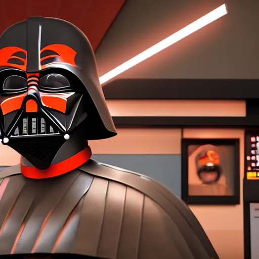 Image similar to darth vador working at dunkin donuts , 8k cinematic lighting, very sharp detail, anatomically correct