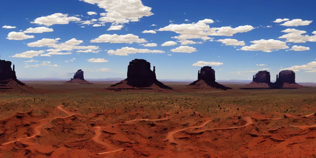 Prompt: a Monument Valley scenery, camps in the background